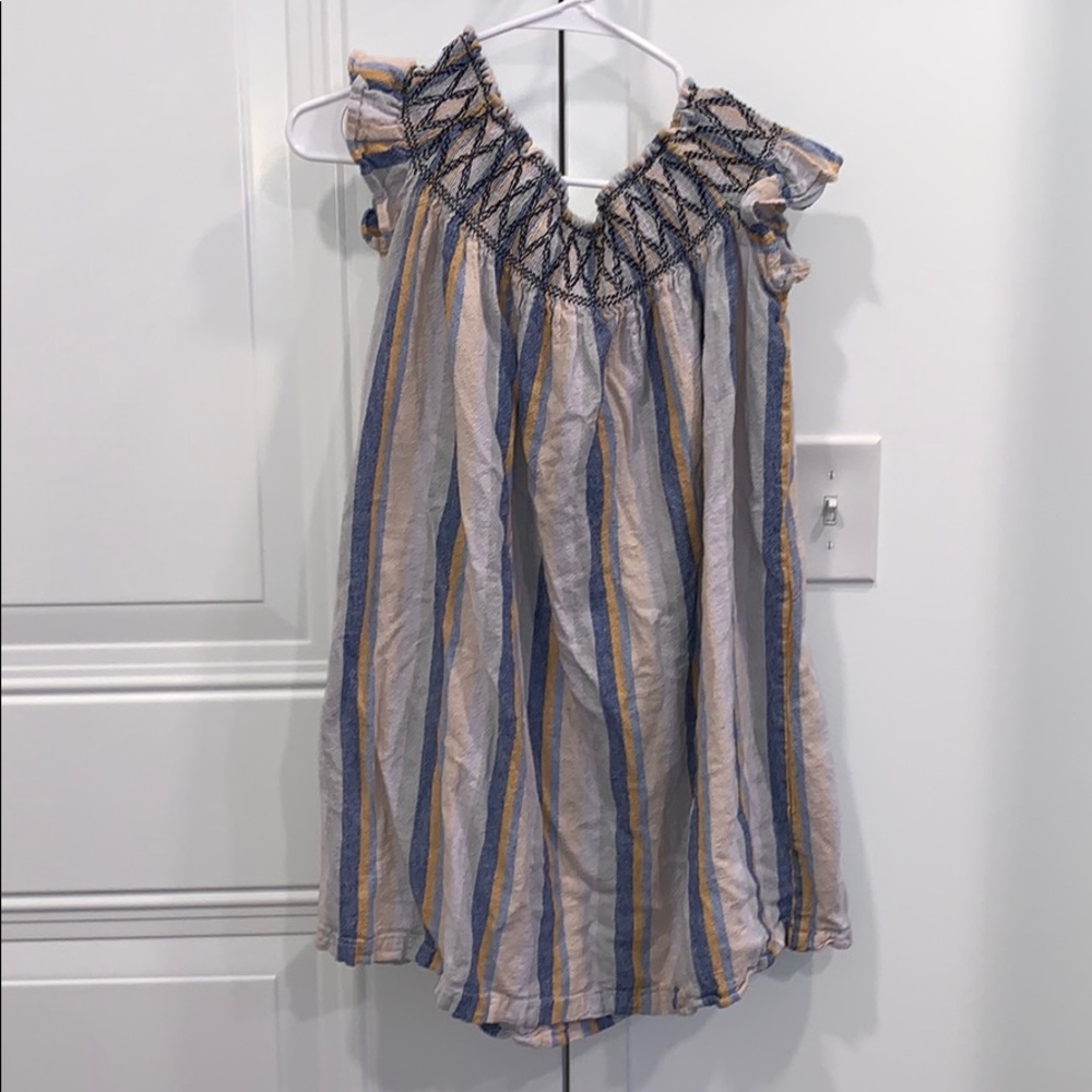 blue + yellow striped off the shoulder dress